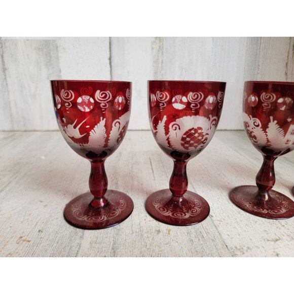 Egermann red cup Bohemian etched glass set collectible vintage - Picture 2 of 13